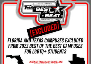 Black and white graphic with bold red and text that reads Florida and Texas Campuses Excluded from 2023 Best of the Best Campuses for LGBTQ+ Students and Recently passed anti-LGBTQ laws put students in danger